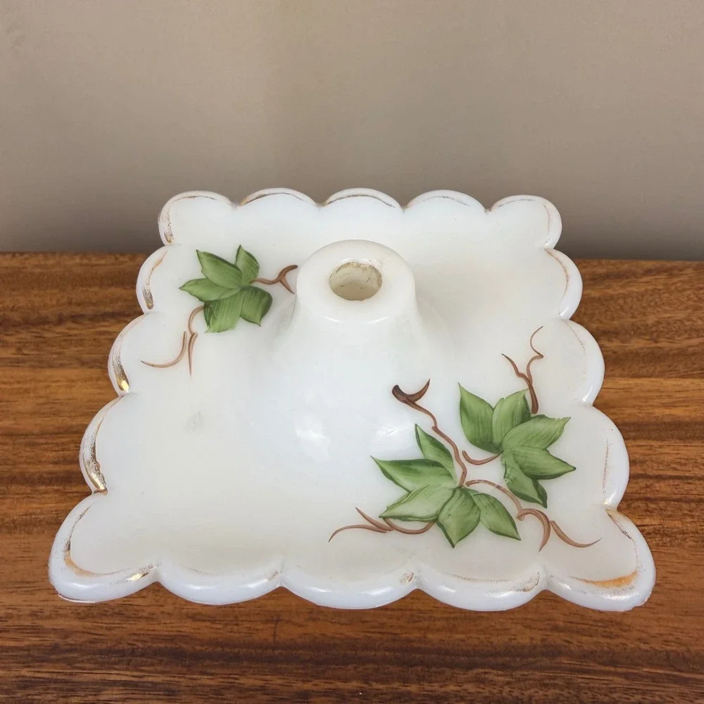Vintage Milk Glass Hurricane Lamp Base Scalloped Square Ivy Leaf Gold Trim 7in